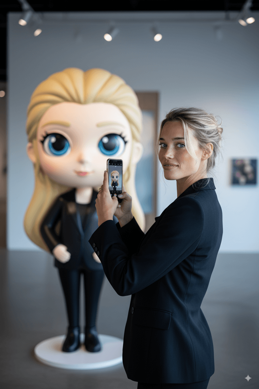 Create a photorealistic image where a person is at an art exhibition