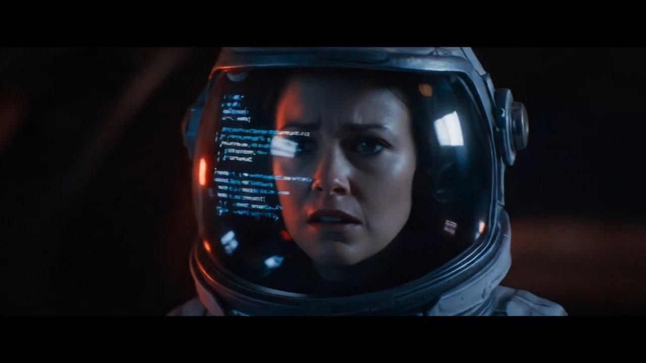 Inside a lone interstellar exploration starship, the main control room is bathed in flashing red emergency lights